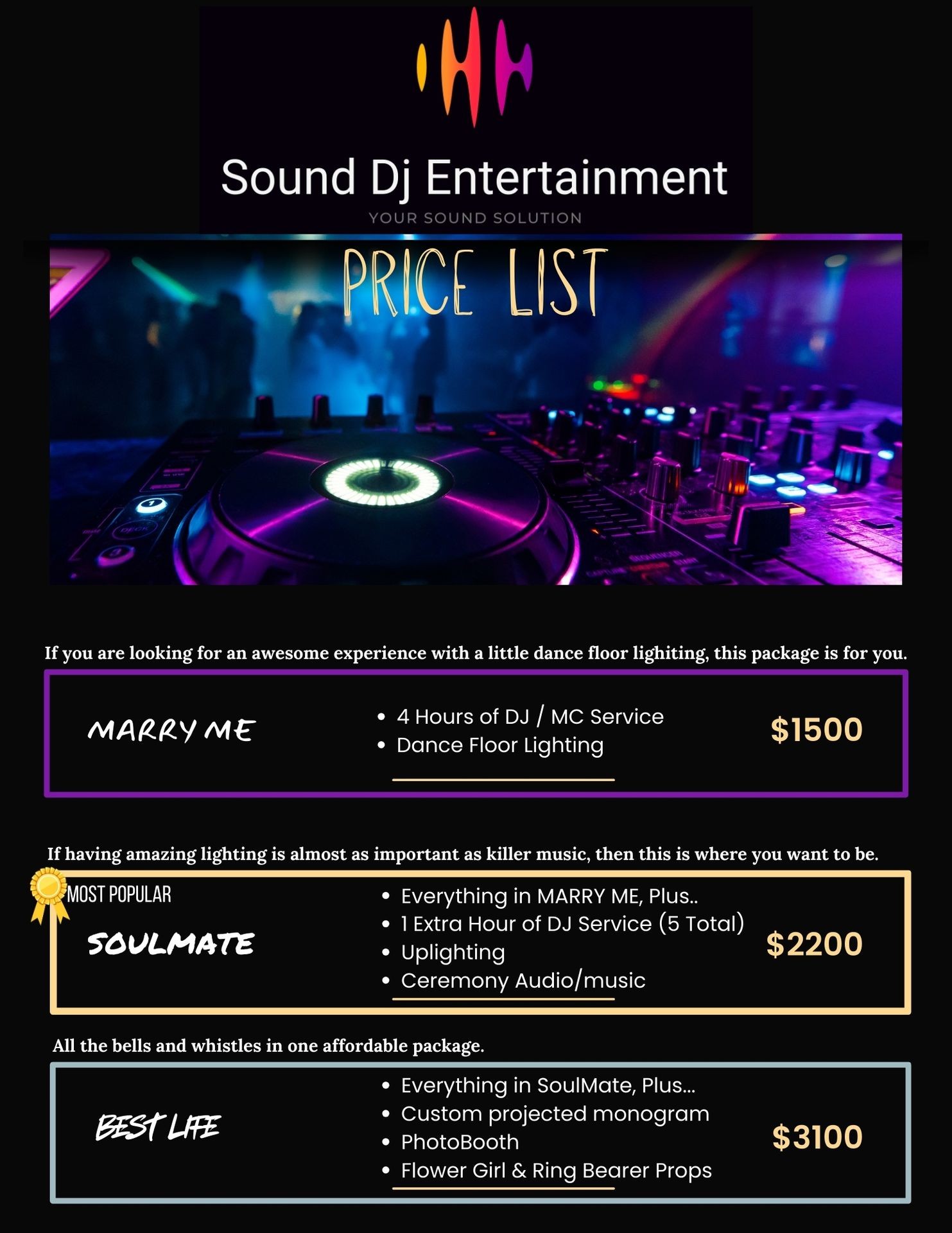 Current Price List for Sound DJ Entertainment